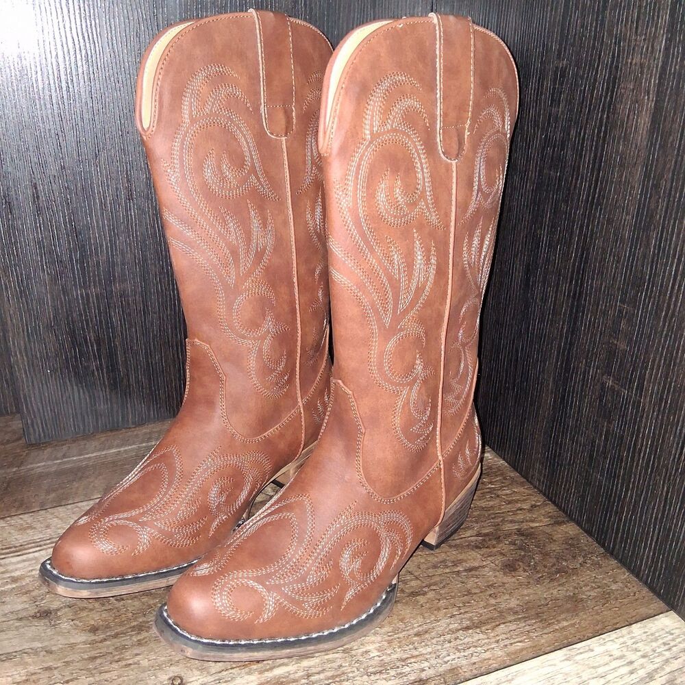 Roper 12" Riley All Over Embroidery Western Snip Toe Cowboy Boots Tan Size 6